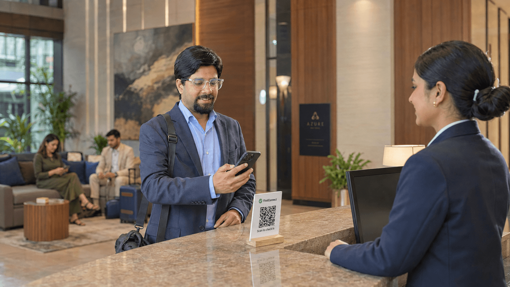Arriving guest holding a phone beside a QR check-in sign at hotel reception