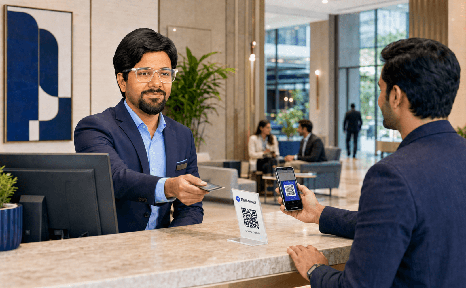 Receptionist and arriving guest reviewing a QR arrival screen together